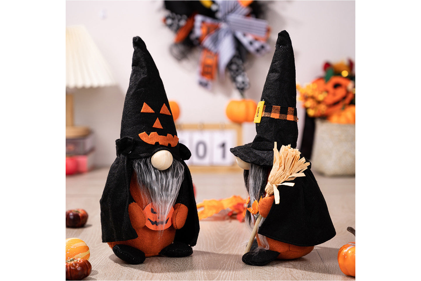**Halloween Fabric Gnome Figurine | Pumpkin and Broom Witch Home Decor**