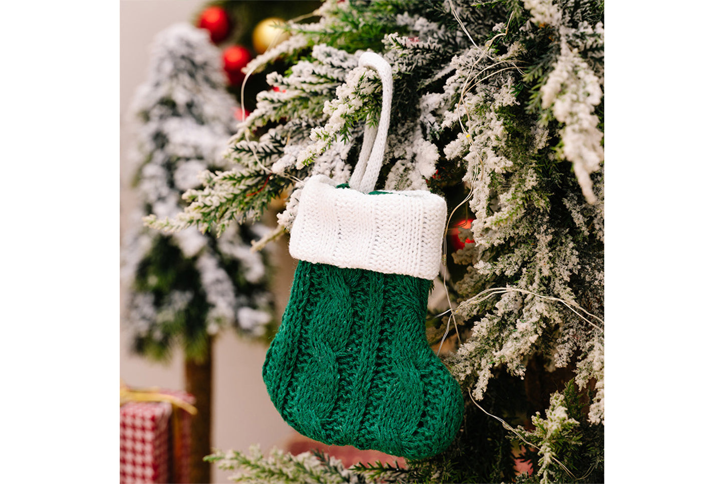 **Green Knitted Mini Christmas Stocking Ornament**