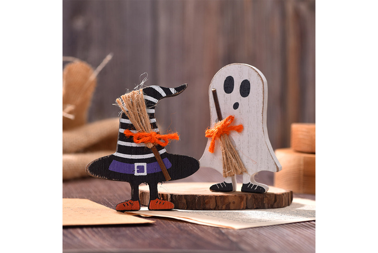 **Halloween Wooden Ornaments | Ghost Bat Tiered Tray Decoration**