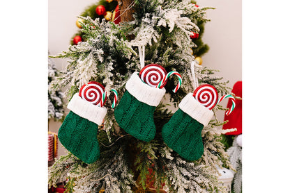 **Green Knitted Mini Christmas Stocking Ornament**