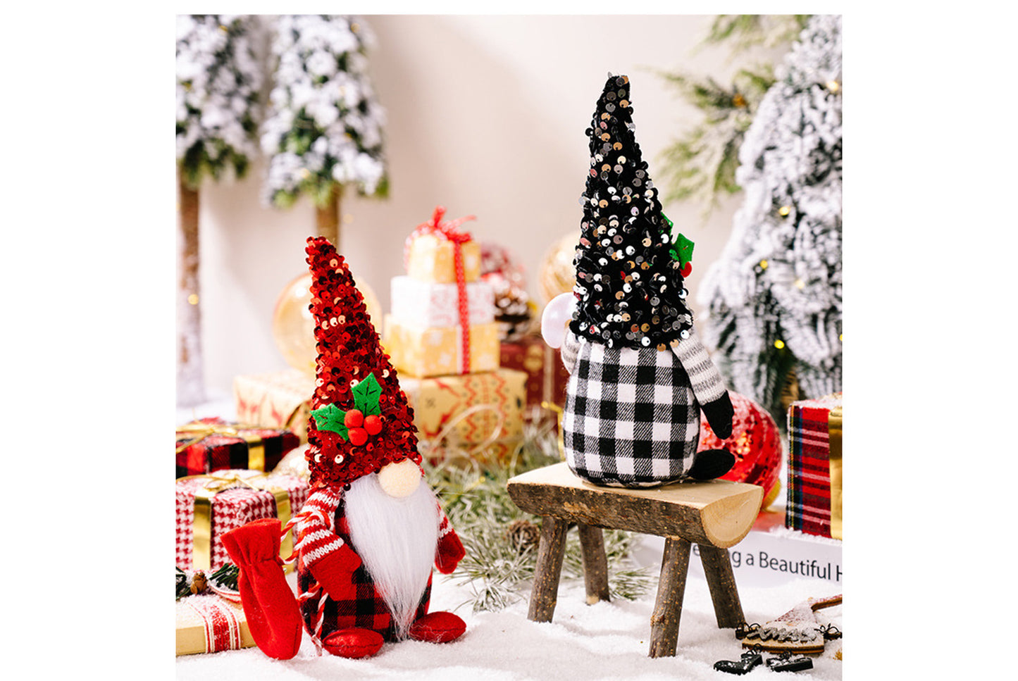 **Christmas Red and Black Sequined Hat Rudolph Faceless Doll Figurine**