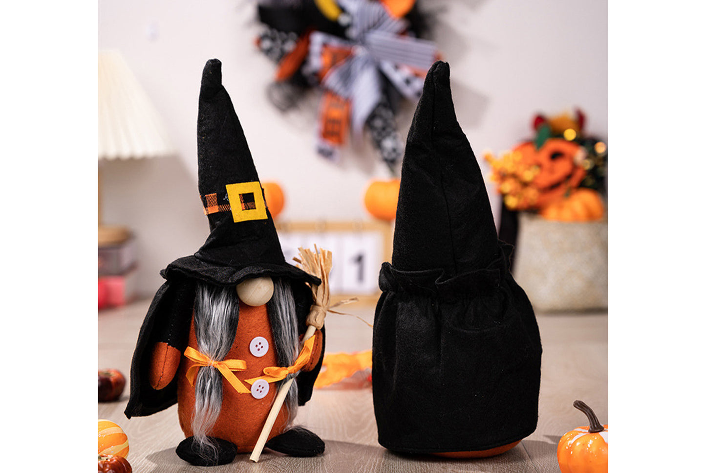 **Halloween Fabric Gnome Figurine | Pumpkin and Broom Witch Home Decor**