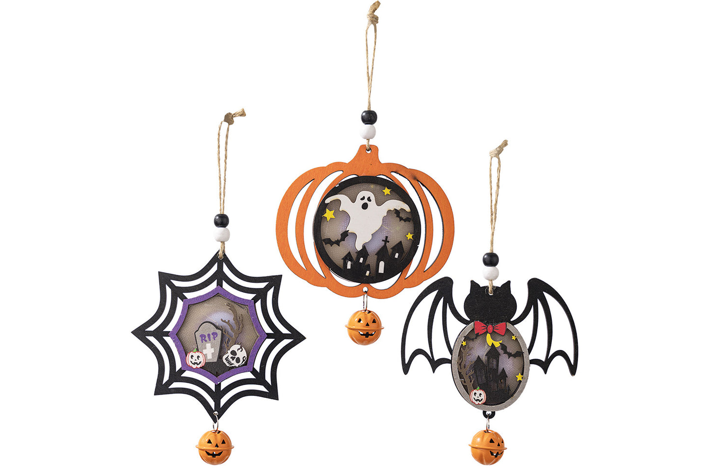 Halloween Wooden Light-Up Pendant | Pumpkin, Bat, and Spider Horror Decoration