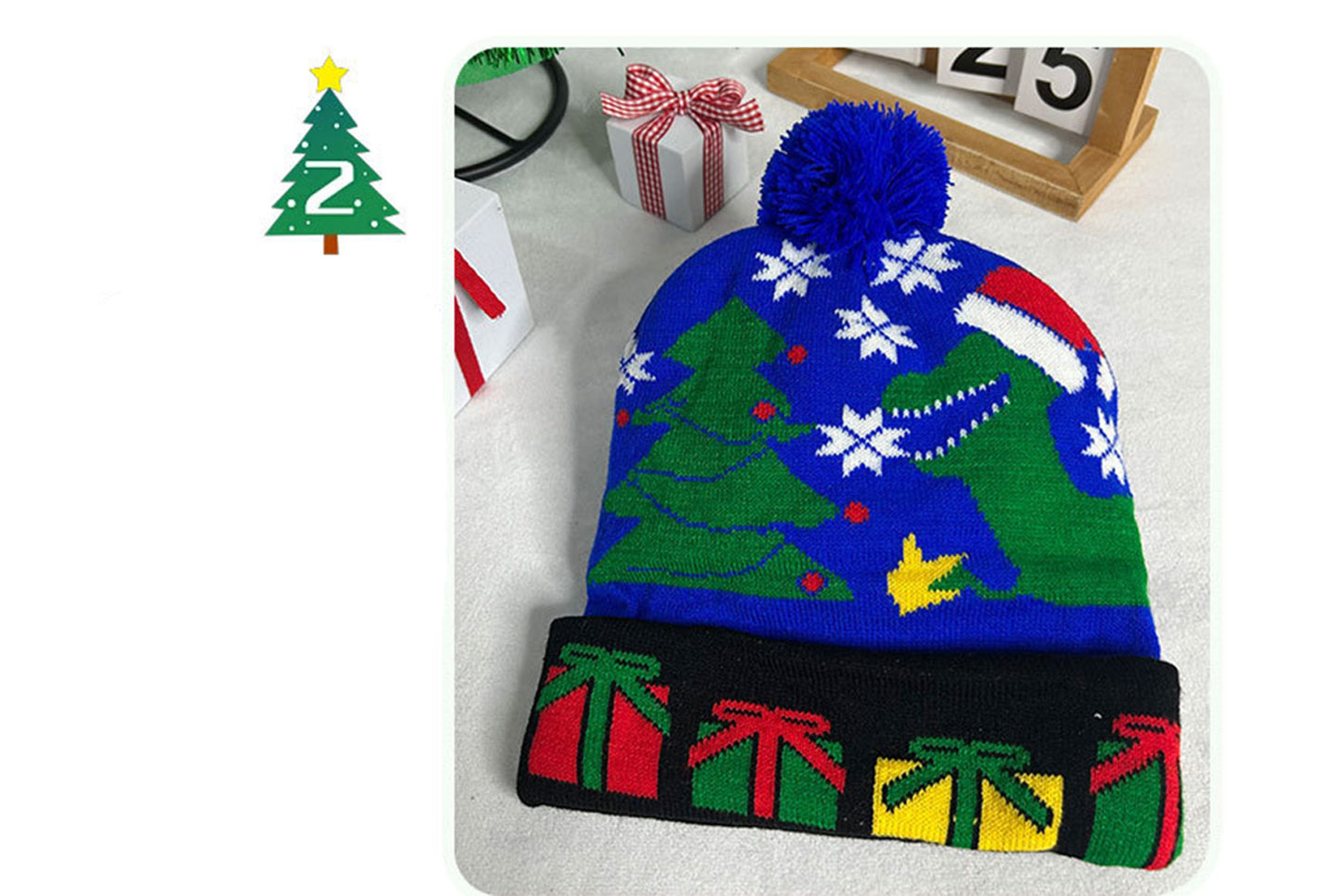**Christmas LED Pom-Pom Knit Hat (Winter Warm Fold-Up Light-Up Hat)**