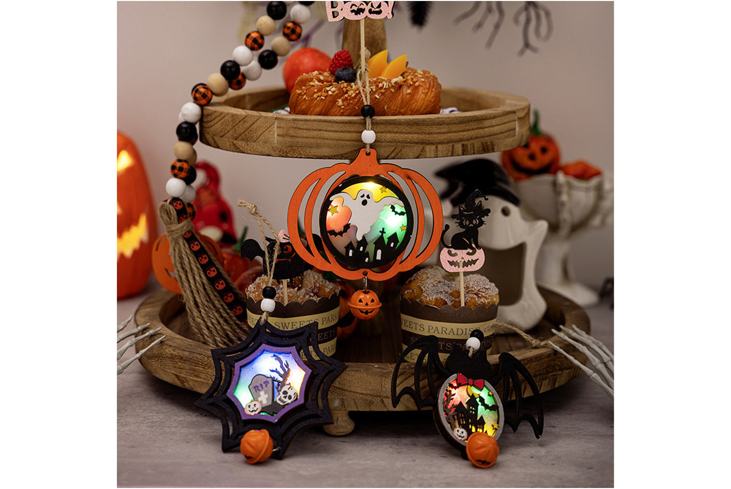Halloween Wooden Light-Up Pendant | Pumpkin, Bat, and Spider Horror Decoration