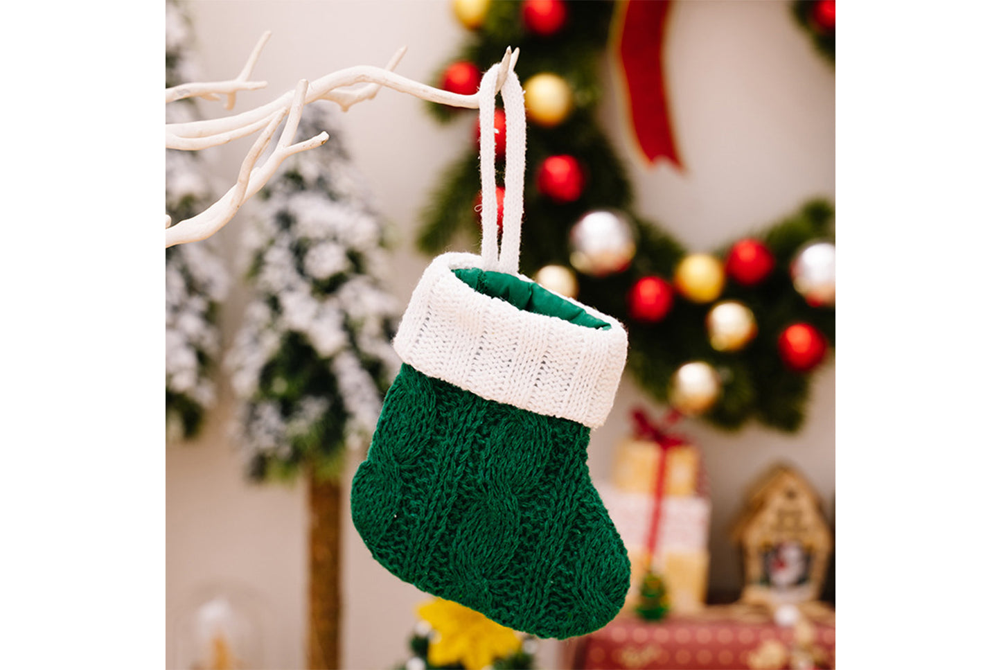 **Green Knitted Mini Christmas Stocking Ornament**